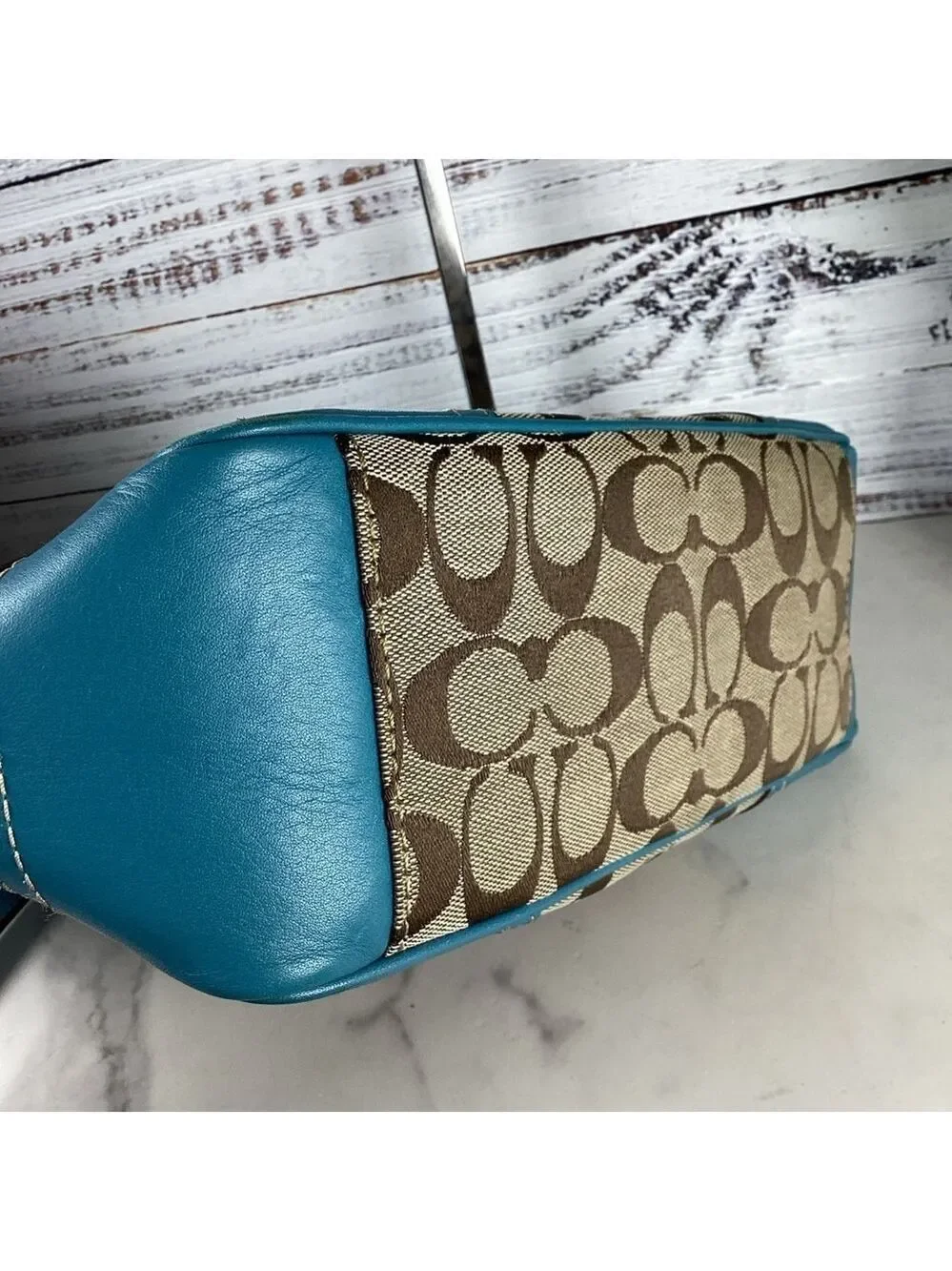 Coach Y2K Signature Gallery Shoulder Bag Teal Blue Tan Brown‎ Tote Leather Lapto
